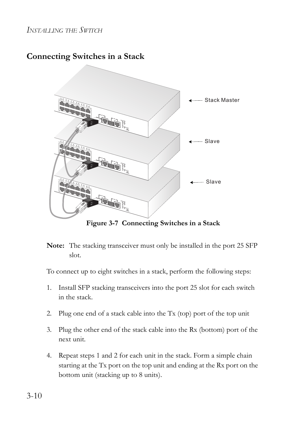 Connecting switches in a stack, Twisted-pair devices -1, Figure 3-7 | Connecting switches in a stack -10, 10 connecting switches in a stack, Nstalling, Witch, Slave, Slave stack master | SMC Networks SMC TigerStack III SMC6826MPE User Manual | Page 50 / 94