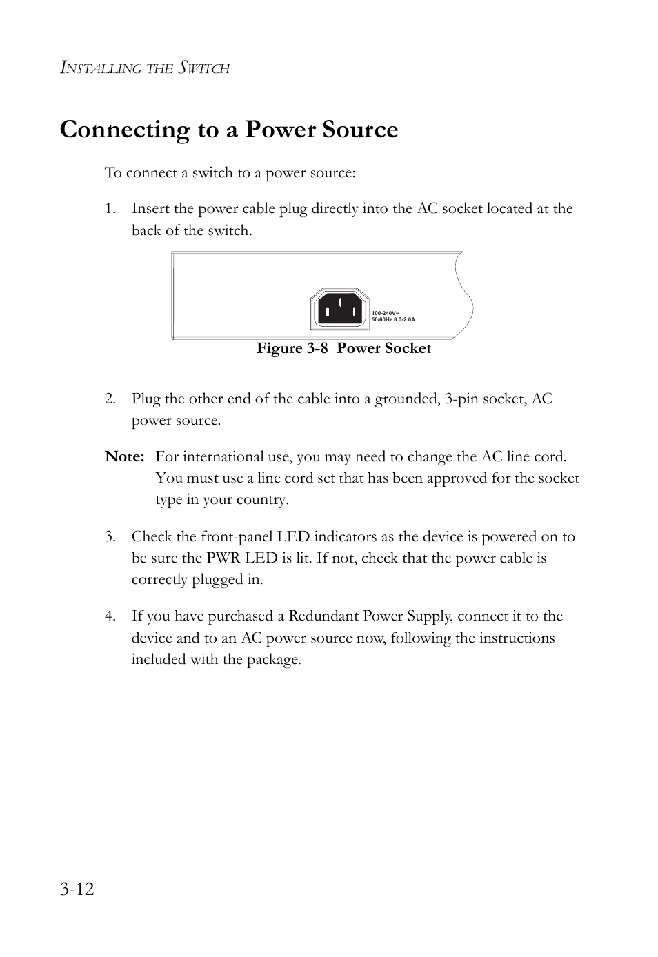 Connecting to a power source, Power-over-ethernet connections -2, Figure 3-8 | Power socket -12 | SMC Networks SMC TigerStack III SMC6826MPE User Manual | Page 52 / 94