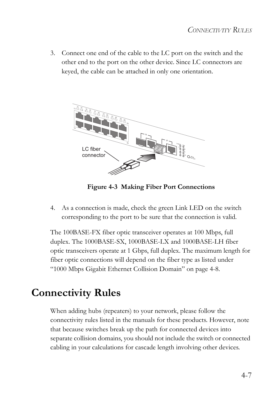 Connectivity rules, Figure 4-3, Making fiber port connections -7 | Onnectivity, Ules, Lc fiber connector | SMC Networks SMC TigerStack III SMC6826MPE User Manual | Page 61 / 94
