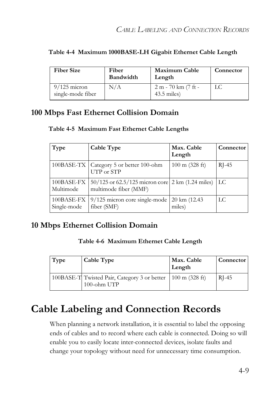 100 mbps fast ethernet collision domain, 10 mbps ethernet collision domain, Cable labeling and connection records | SMC Networks SMC TigerStack III SMC6826MPE User Manual | Page 63 / 94