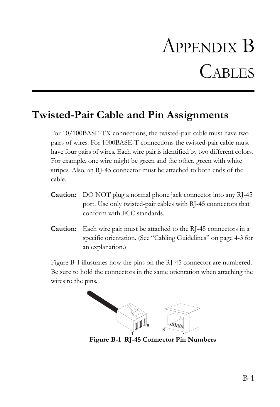 Appendix b cables, Twisted-pair cable and pin assignments, Figure b-1 | Ppendix, Ables | SMC Networks SMC TigerStack III SMC6826MPE User Manual | Page 69 / 94