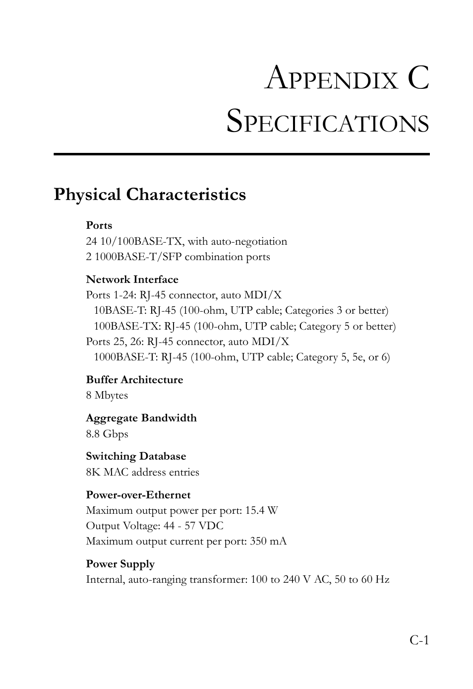 Appendix c specifications, Physical characteristics, Ppendix | Pecifications | SMC Networks SMC TigerStack III SMC6826MPE User Manual | Page 77 / 94