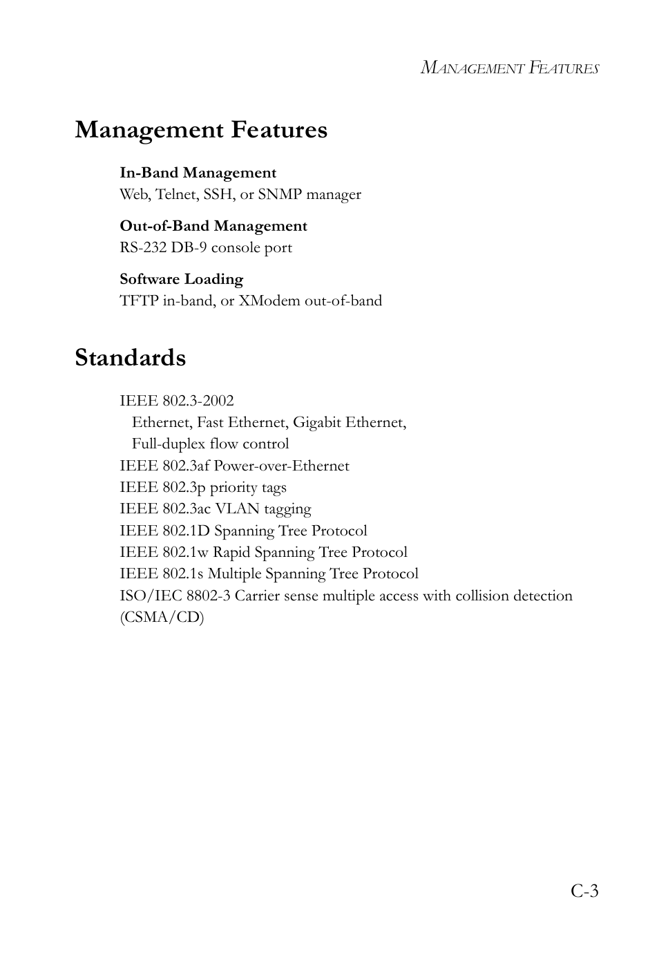 Management features, Standards | SMC Networks SMC TigerStack III SMC6826MPE User Manual | Page 79 / 94