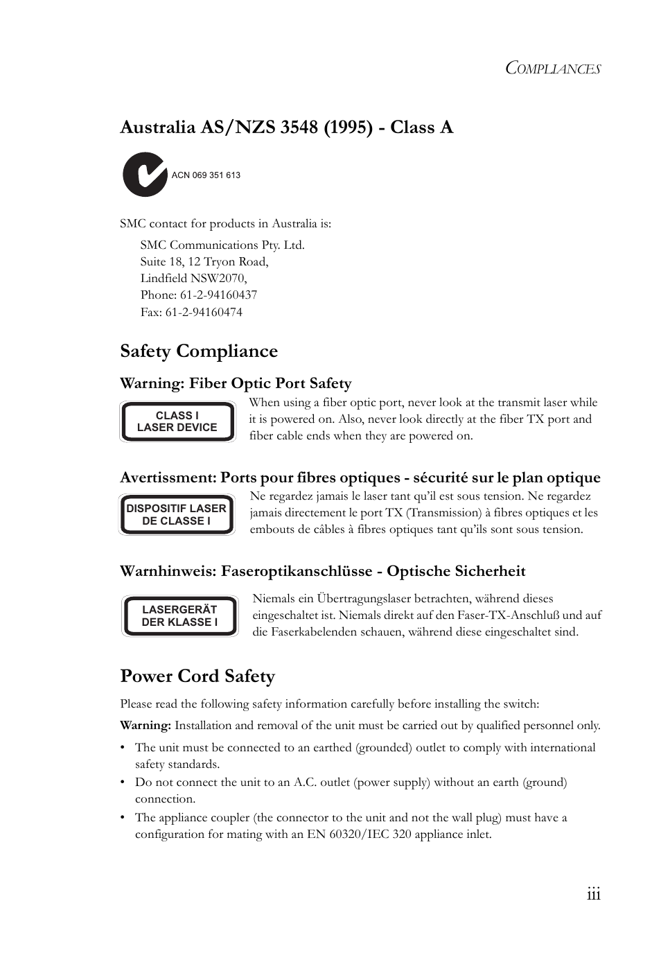 Safety compliance, Power cord safety | SMC Networks SMC TigerStack III SMC6826MPE User Manual | Page 9 / 94