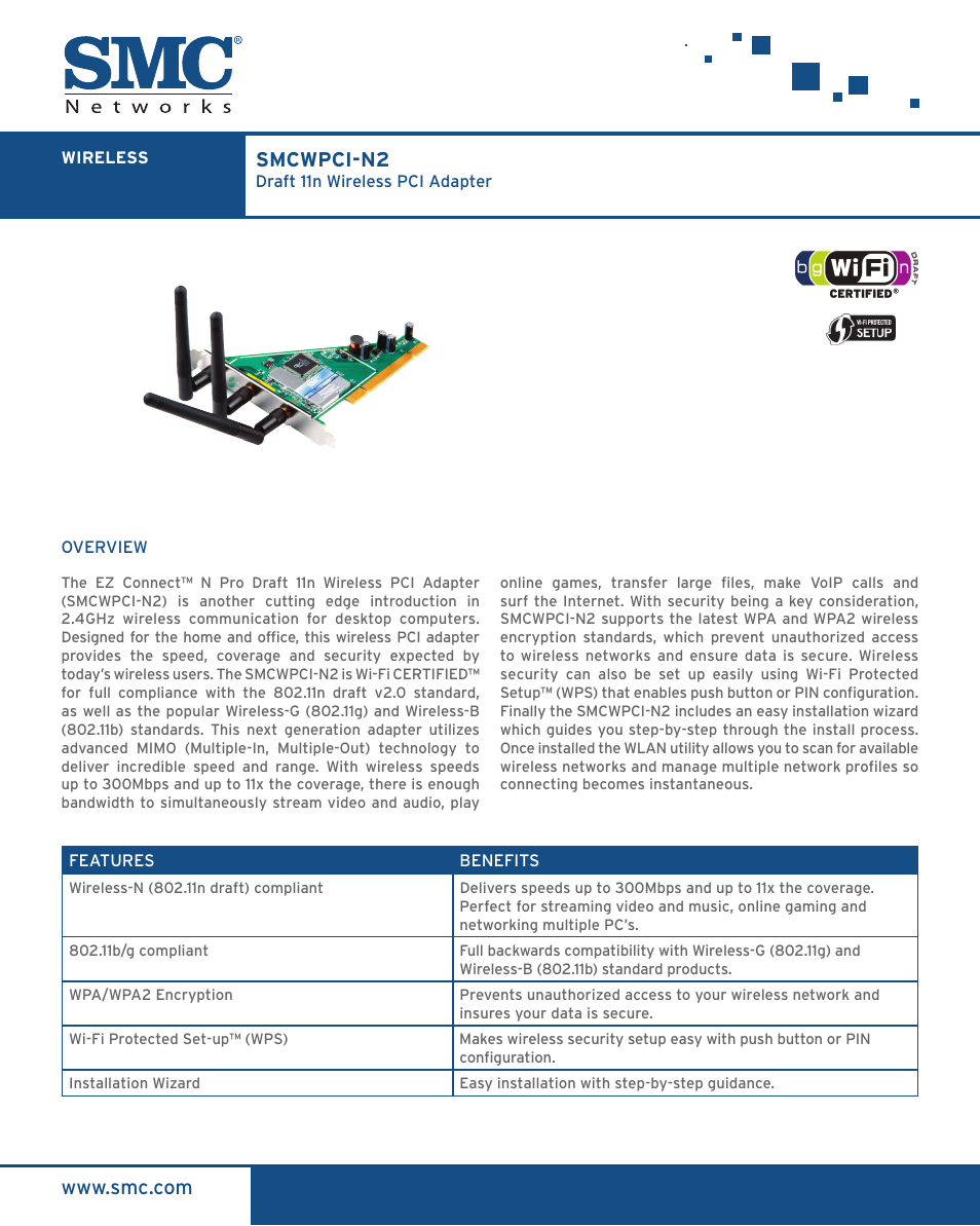 SMC Networks SMCWPCI-N2 User Manual | 2 pages