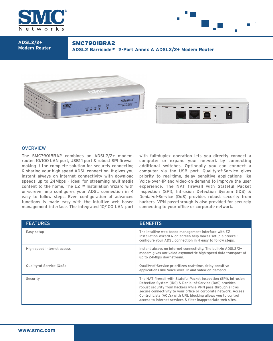 SMC Networks Barricade ADSL2/2+ Modem Router SMC7901BRA2 User Manual | 2 pages