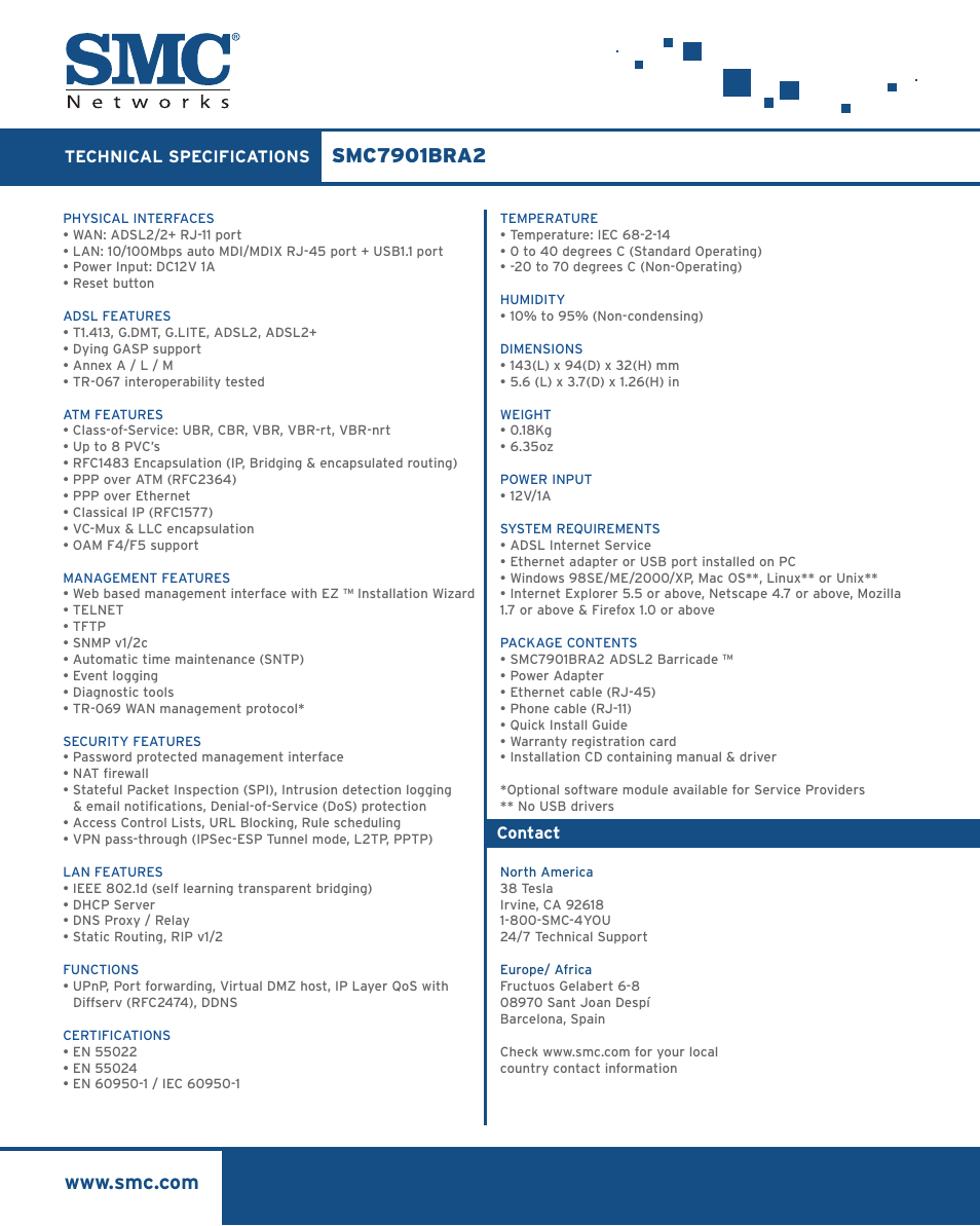 SMC Networks Barricade ADSL2/2+ Modem Router SMC7901BRA2 User Manual | Page 2 / 2