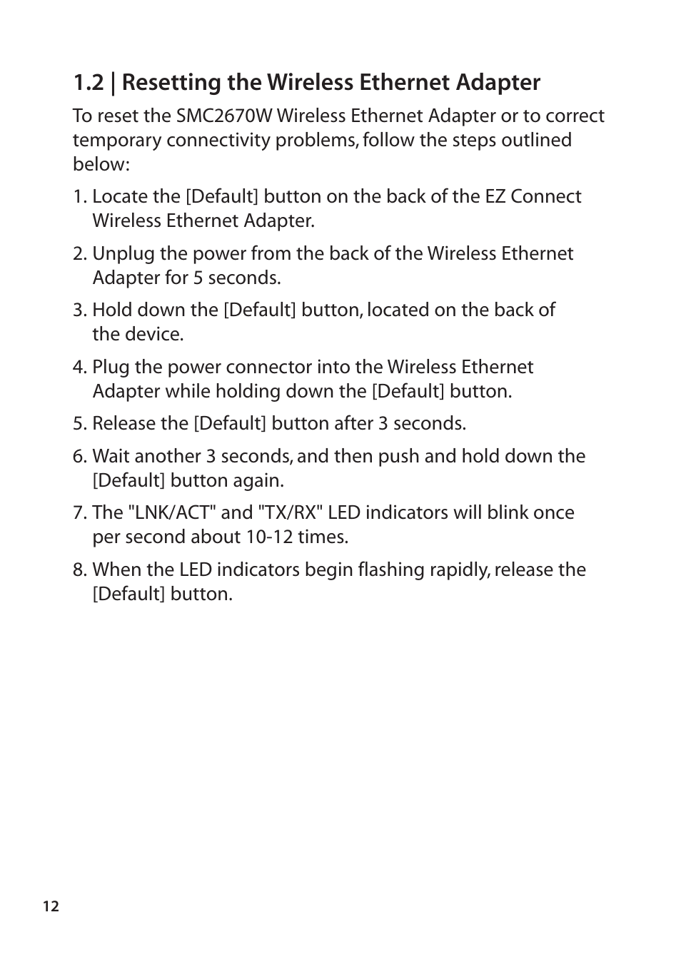 2 | resetting the wireless ethernet adapter | SMC Networks SMC2670W User Manual | Page 10 / 47