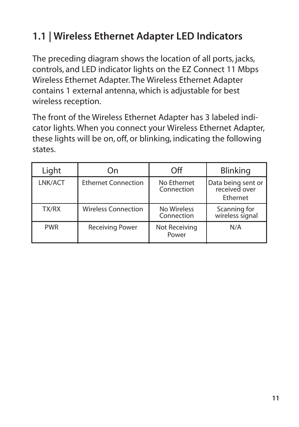 1 | wireless ethernet adapter led indicators | SMC Networks SMC2670W User Manual | Page 9 / 47