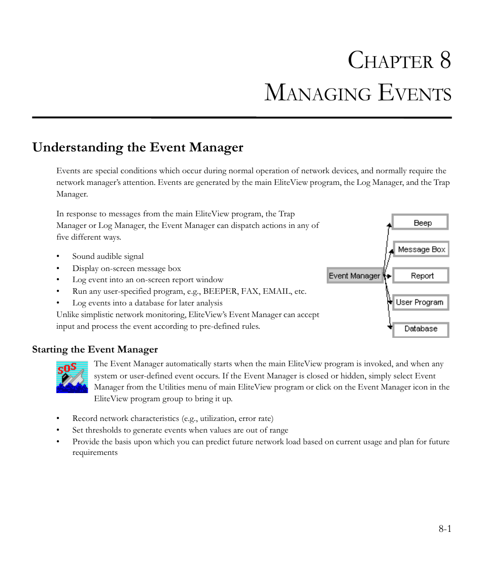 Chapter 8 managing events, Understanding the event manager, Starting the event manager | Managing events -1, Understanding the event manager -1, Starting the event manager -1, Hapter, Anaging, Vents | SMC Networks EliteView 6.20 User Manual | Page 107 / 232