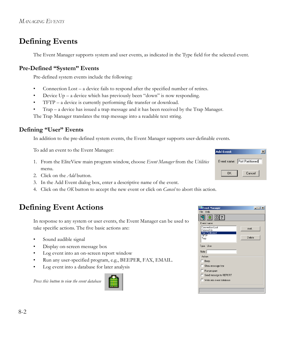 Defining events, Pre-defined “system” events, Defining “user” events | Defining event actions, Defining events -2, Defining event actions -2 | SMC Networks EliteView 6.20 User Manual | Page 108 / 232