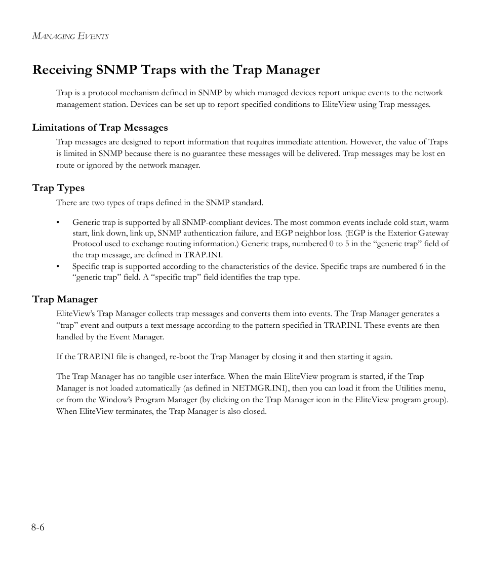 Receiving snmp traps with the trap manager, Limitations of trap messages, Trap types | Trap manager, Receiving snmp traps with the trap manager -6 | SMC Networks EliteView 6.20 User Manual | Page 112 / 232