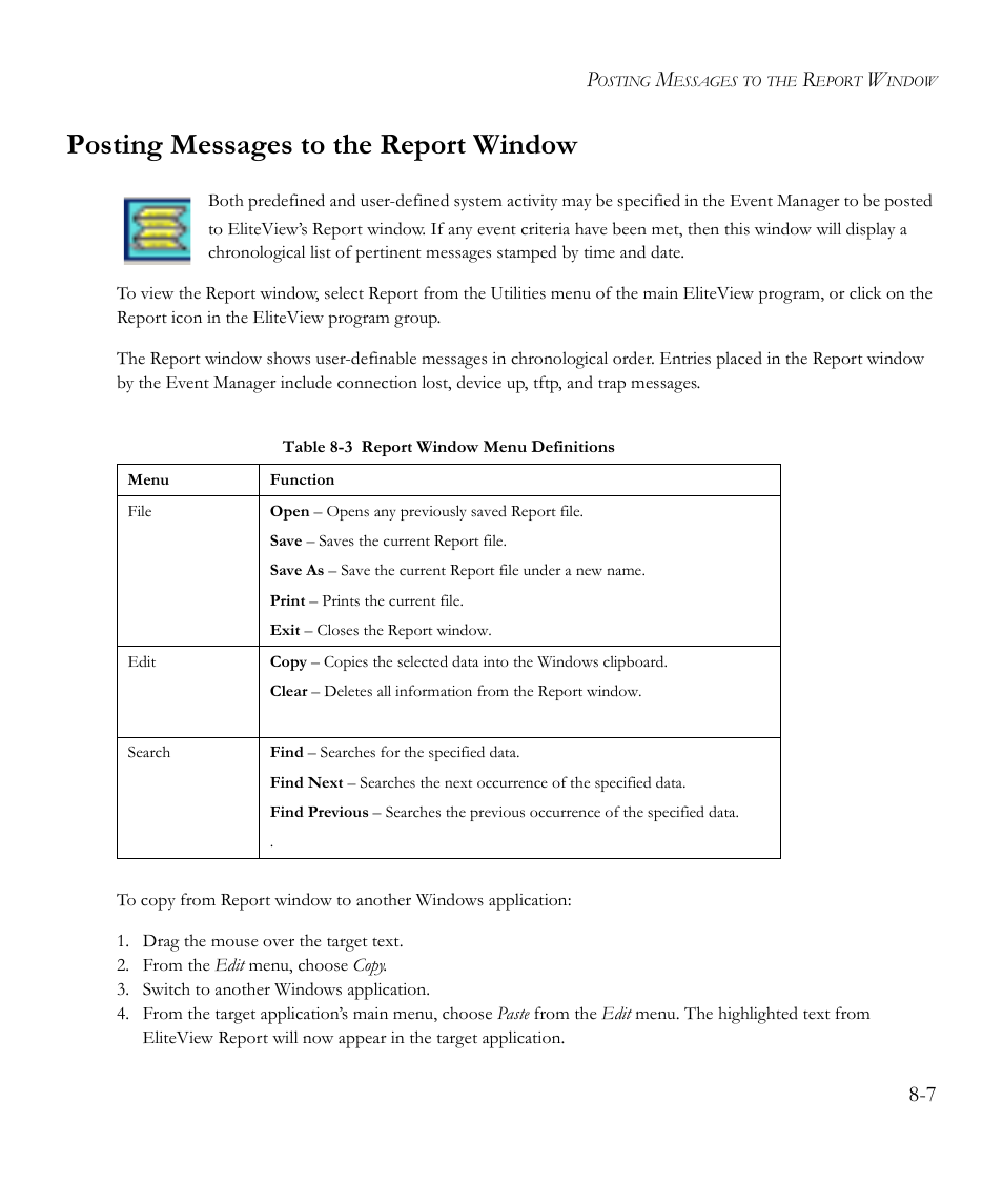 Posting messages to the report window, Posting messages to the report window -7, Table 8-3 | Report window menu definitions -7 | SMC Networks EliteView 6.20 User Manual | Page 113 / 232