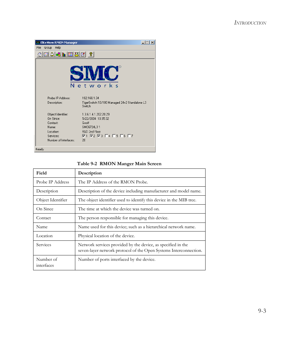 Table 9-2, Rmon manger main screen -3 | SMC Networks EliteView 6.20 User Manual | Page 117 / 232