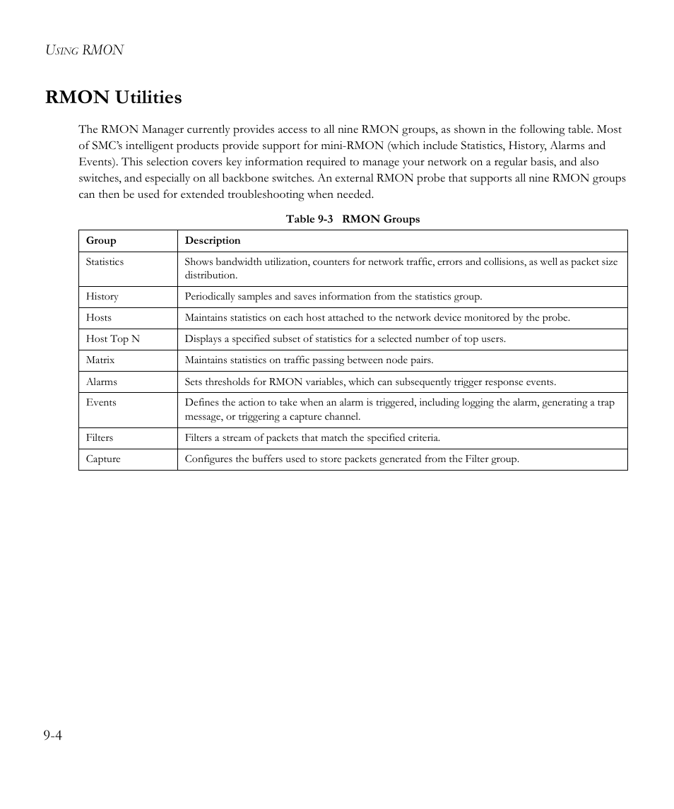 Rmon utilities, Rmon utilities -4, Table 9-3 | Rmon groups -4, Rmon 9-4 | SMC Networks EliteView 6.20 User Manual | Page 118 / 232