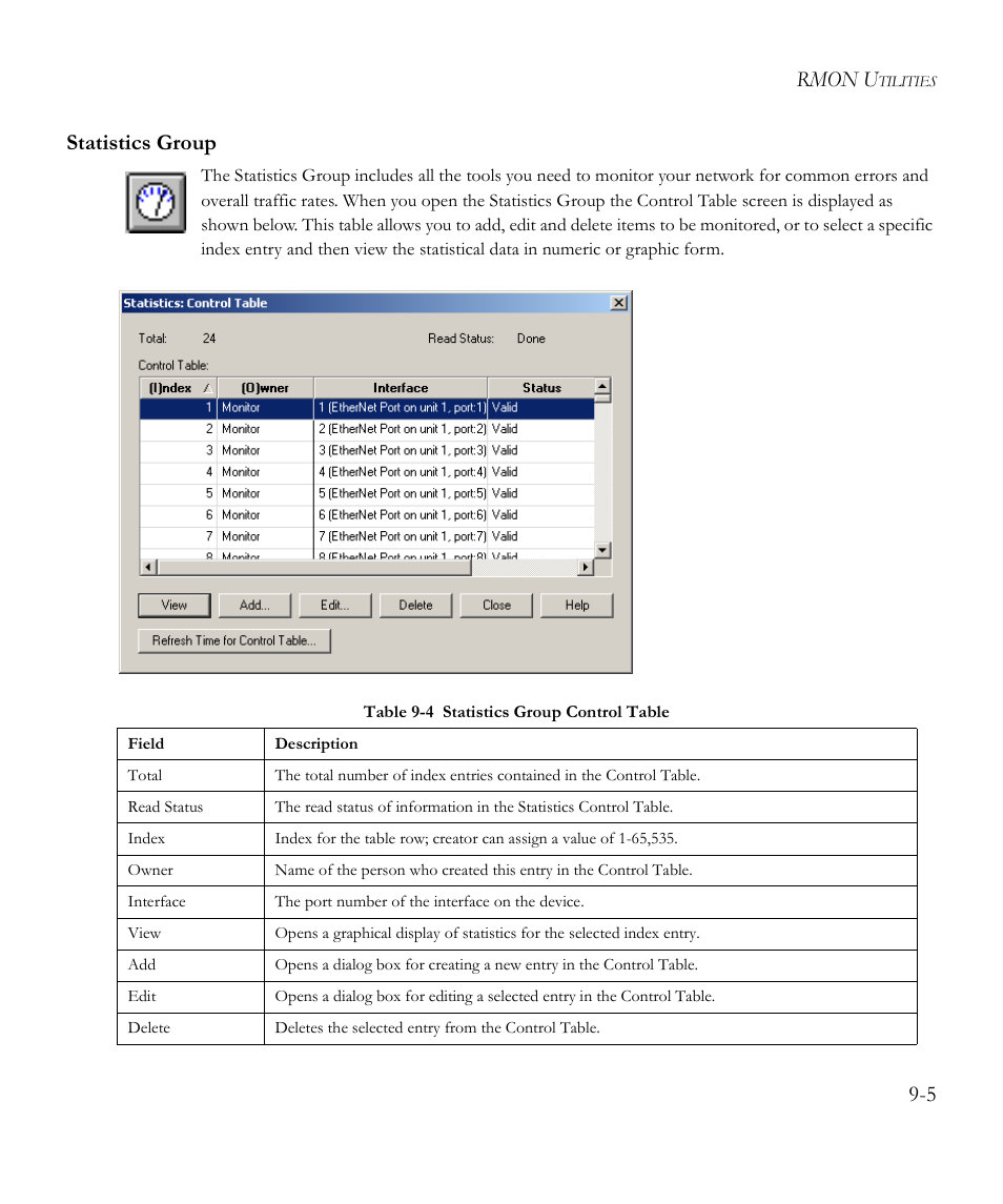 Statistics group, Statistics group -5, Table 9-4 | Statistics group control table -5, Rmon u, 5 statistics group | SMC Networks EliteView 6.20 User Manual | Page 119 / 232