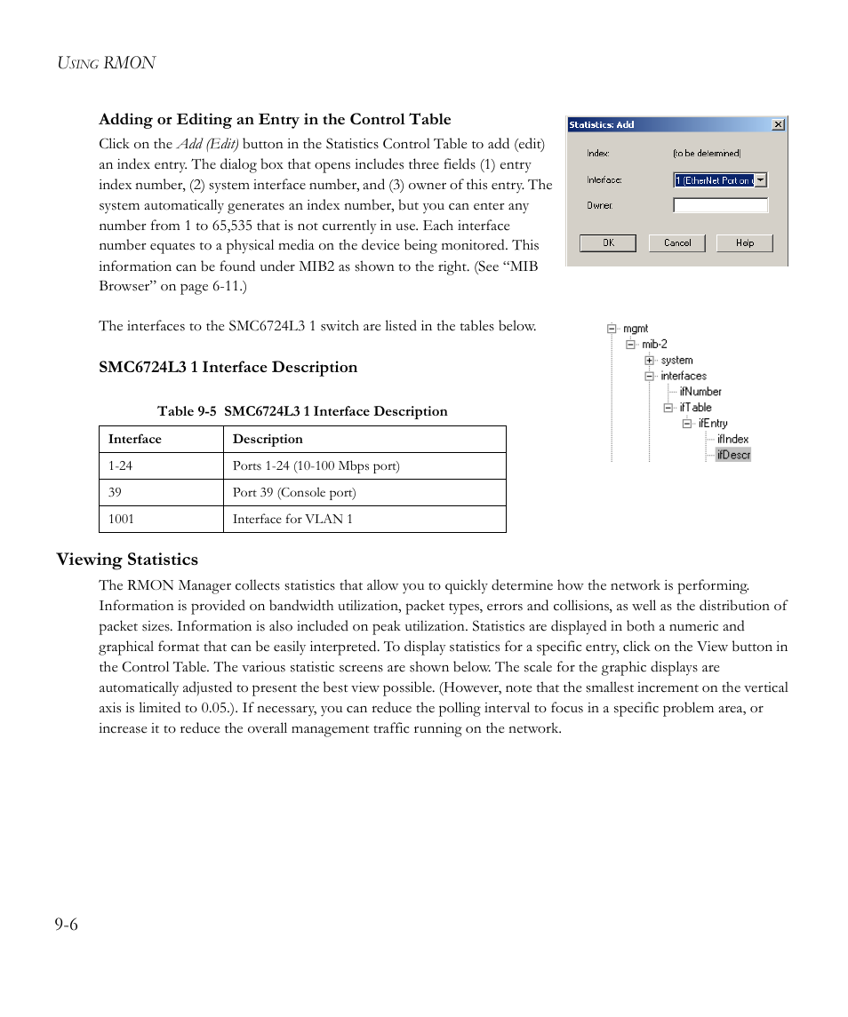 Adding or editing an entry in the control table, Smc6724l3 1 interface description, Viewing statistics | Viewing statistics -6, Table 9-5, Smc6724l3 1 interface description -6, Rmon 9-6 | SMC Networks EliteView 6.20 User Manual | Page 120 / 232