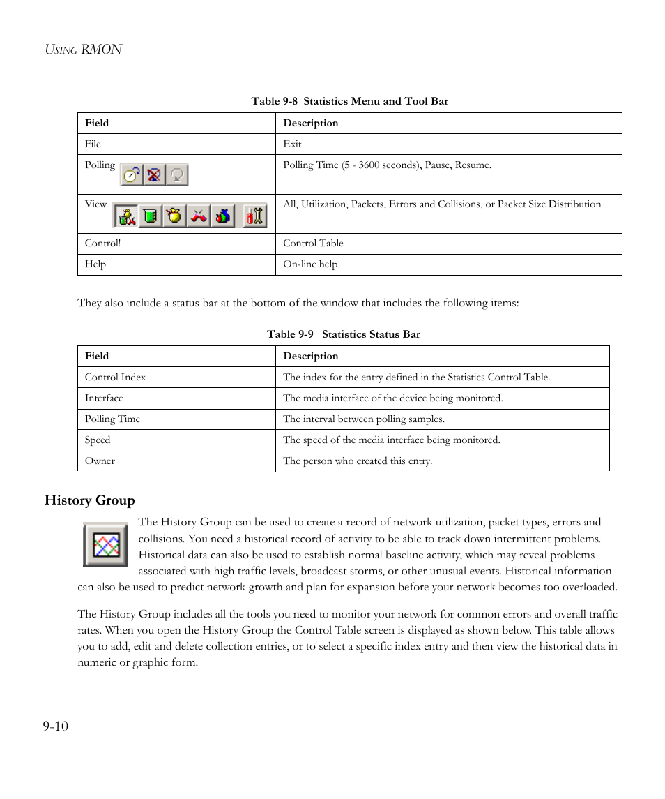 History group, History group -10, Table 9-8 | Statistics menu and tool bar -10, Table 9-9, Statistics status bar -10, Rmon 9-10 | SMC Networks EliteView 6.20 User Manual | Page 124 / 232