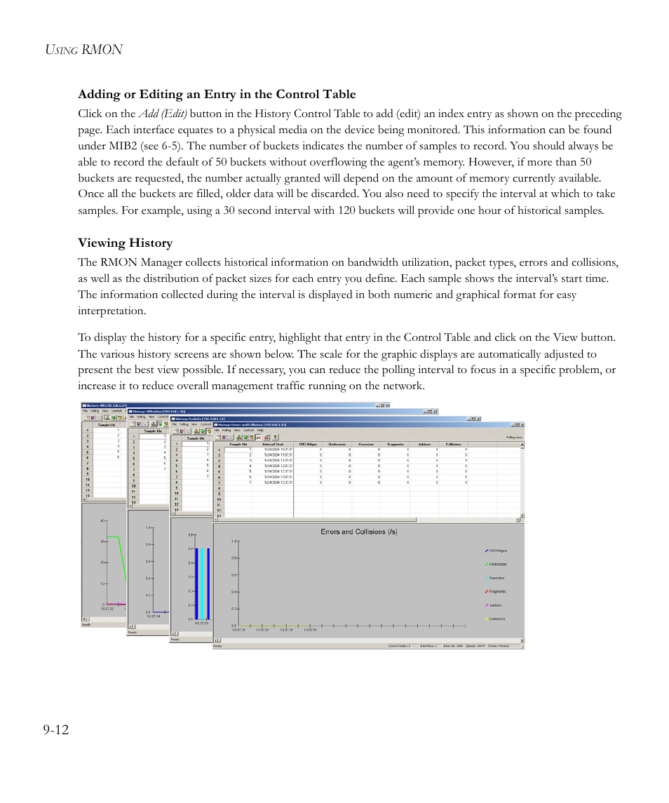 Adding or editing an entry in the control table, Viewing history, Rmon 9-12 | SMC Networks EliteView 6.20 User Manual | Page 126 / 232