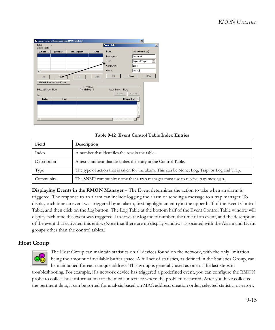 Host group, Host group -15, Table 9-12 event control table index entries -15 | Rmon u | SMC Networks EliteView 6.20 User Manual | Page 129 / 232