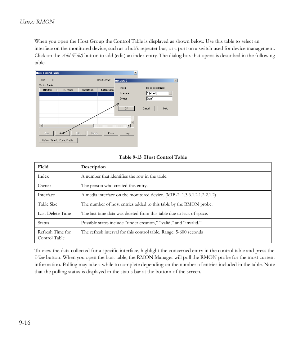 Table 9-13 host control table -16, Rmon 9-16 | SMC Networks EliteView 6.20 User Manual | Page 130 / 232