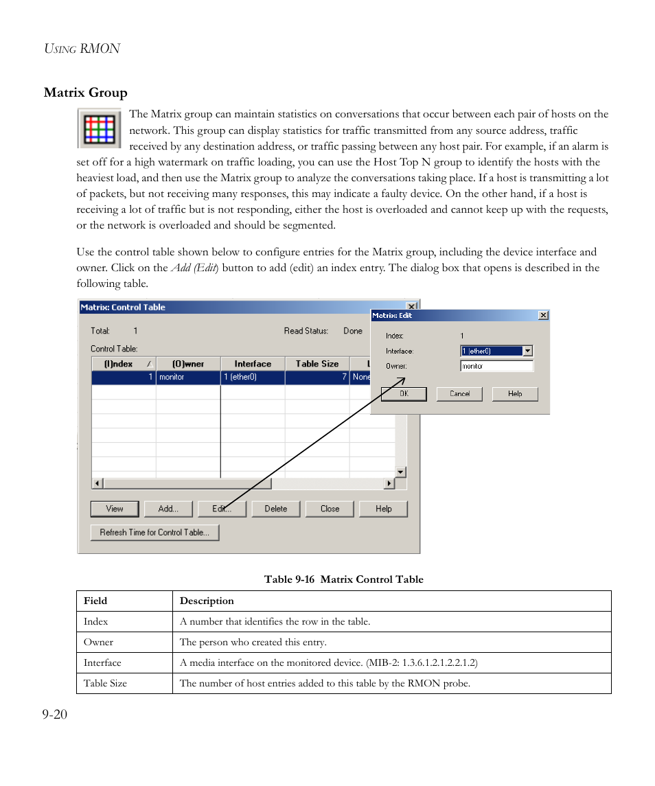 Matrix group, Matrix group -20, Table 9-16 matrix control table -20 | Rmon 9-20 matrix group | SMC Networks EliteView 6.20 User Manual | Page 134 / 232