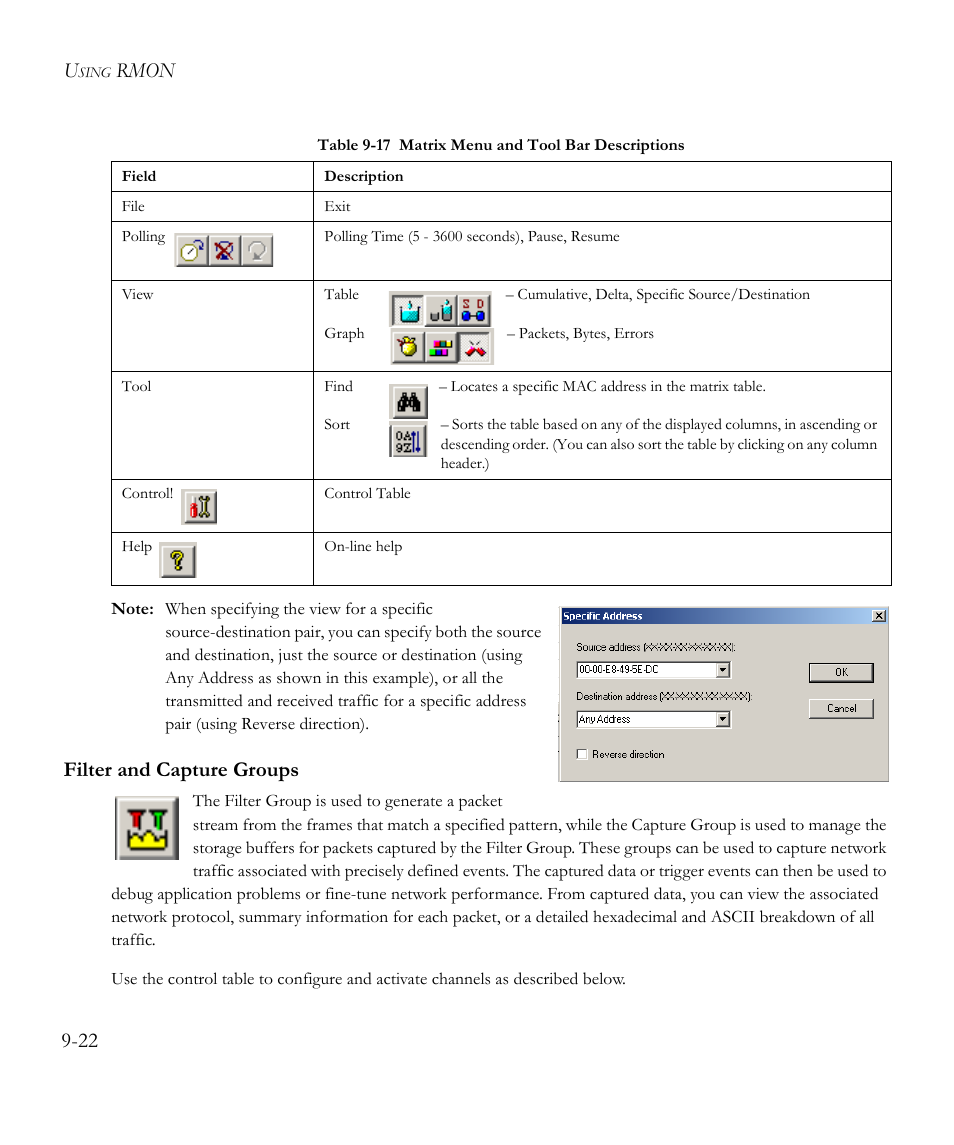 Filter and capture groups, Filter and capture groups -22, Rmon 9-22 | SMC Networks EliteView 6.20 User Manual | Page 136 / 232