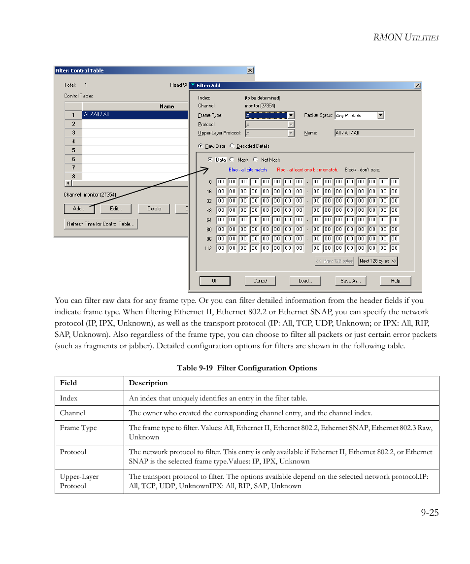 Table 9-19 filter configuration options -25, Rmon u | SMC Networks EliteView 6.20 User Manual | Page 139 / 232