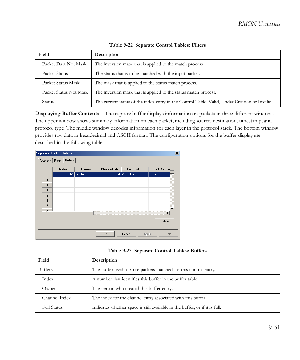 Table 9-23 separate control tables: buffers -31, Rmon u | SMC Networks EliteView 6.20 User Manual | Page 145 / 232