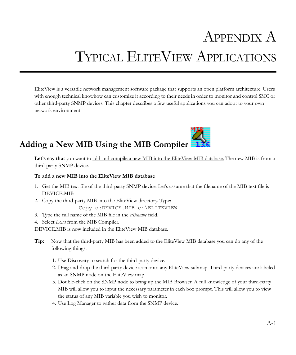 Appendix a typical eliteview applications, Adding a new mib using the mib compiler, Ppendix | Ypical, Lite, Pplications | SMC Networks EliteView 6.20 User Manual | Page 149 / 232