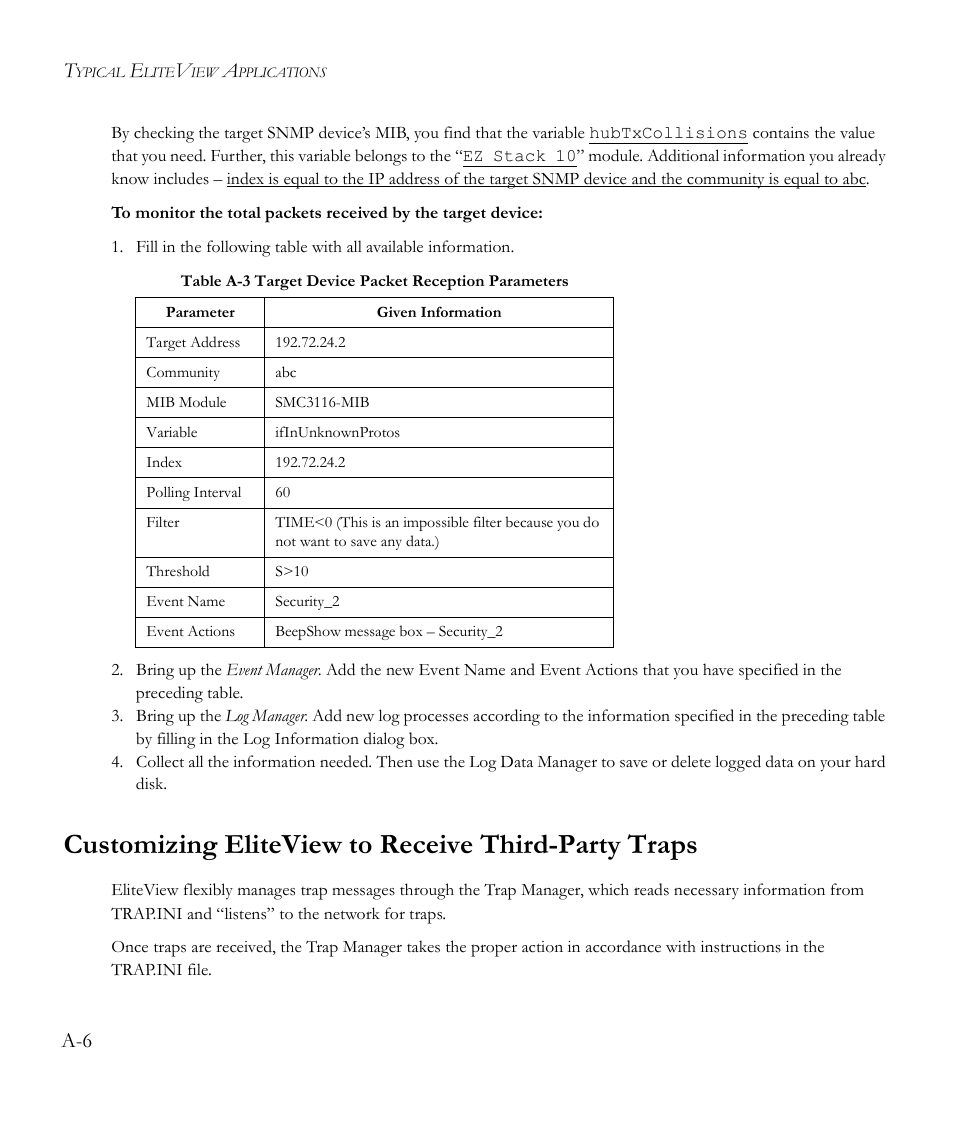 Customizing eliteview to receive third-party traps | SMC Networks EliteView 6.20 User Manual | Page 154 / 232