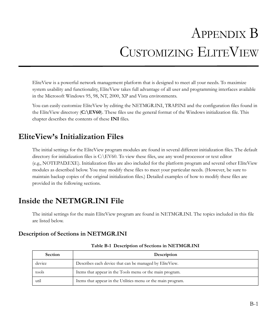 Appendix b customizing eliteview, Eliteview’s initialization files, Inside the netmgr.ini file | Description of sections in netmgr.ini, Table b-1, Ppendix, Ustomizing, Lite | SMC Networks EliteView 6.20 User Manual | Page 157 / 232