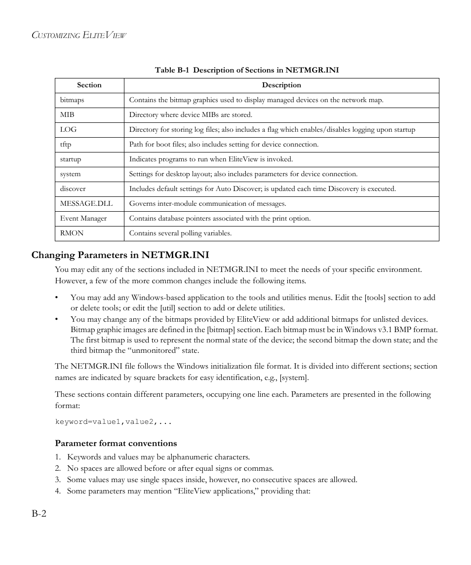 Changing parameters in netmgr.ini, Parameter format conventions, B-2 changing parameters in netmgr.ini | SMC Networks EliteView 6.20 User Manual | Page 158 / 232