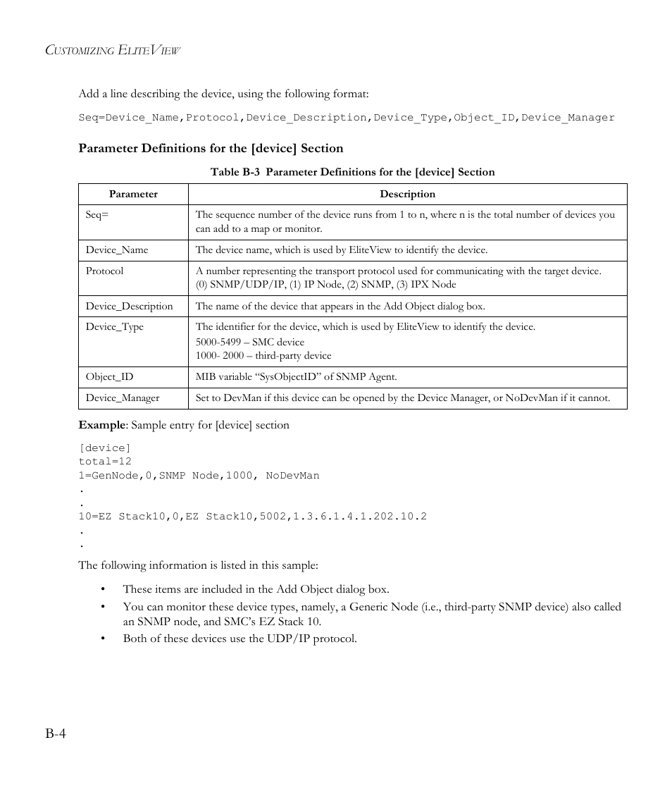 Parameter definitions for the [device] section, Table b-3 | SMC Networks EliteView 6.20 User Manual | Page 160 / 232