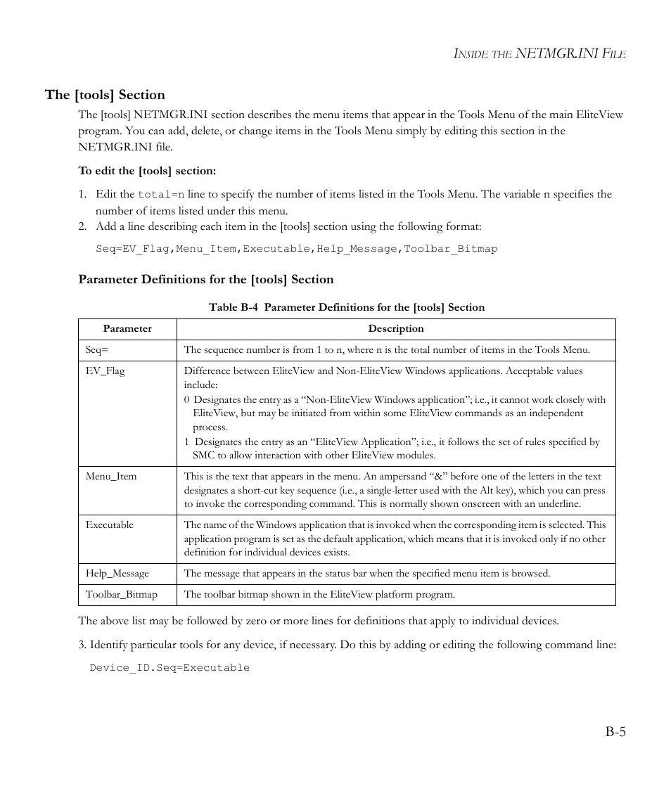 The [tools] section, Parameter definitions for the [tools] section, Table b-4 | Netmgr.ini f | SMC Networks EliteView 6.20 User Manual | Page 161 / 232