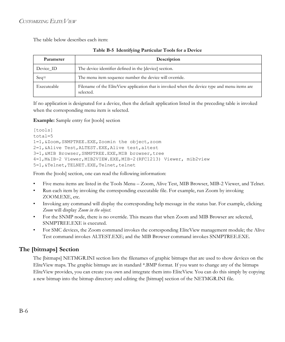 The [bitmaps] section, Table b-5 | SMC Networks EliteView 6.20 User Manual | Page 162 / 232