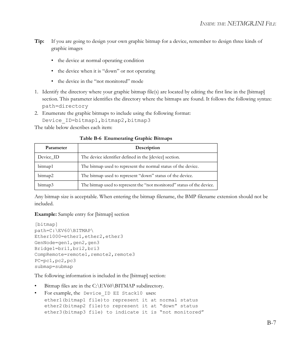 Table b-6, Netmgr.ini f | SMC Networks EliteView 6.20 User Manual | Page 163 / 232