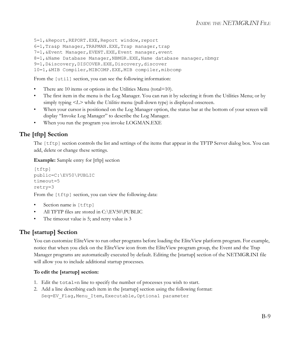 The [tftp] section, The [startup] section, Netmgr.ini f | SMC Networks EliteView 6.20 User Manual | Page 165 / 232