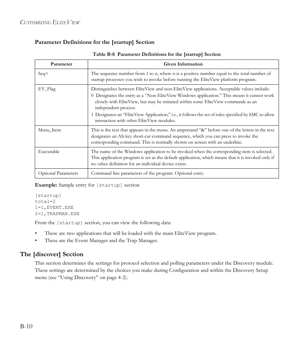 Parameter definitions for the [startup] section, The [discover] section, Table b-8 | B-10 | SMC Networks EliteView 6.20 User Manual | Page 166 / 232