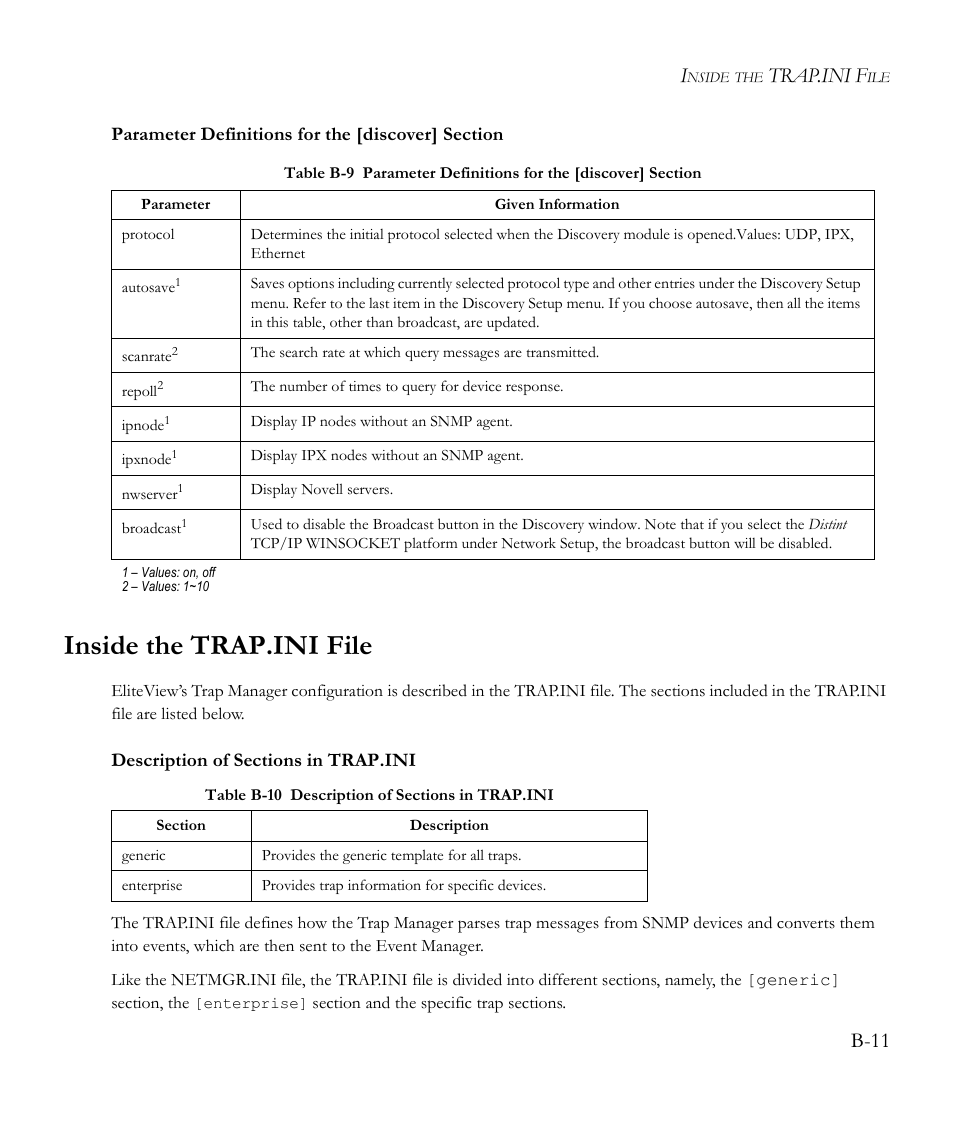 Parameter definitions for the [discover] section, Inside the trap.ini file, Description of sections in trap.ini | Table b-9, Trap.ini f, B-11 | SMC Networks EliteView 6.20 User Manual | Page 167 / 232