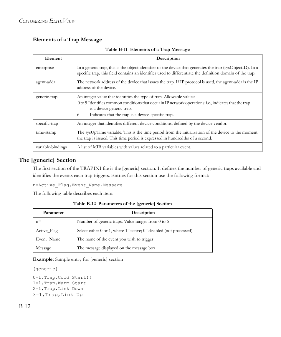 Elements of a trap message, The [generic] section, B-12 | SMC Networks EliteView 6.20 User Manual | Page 168 / 232