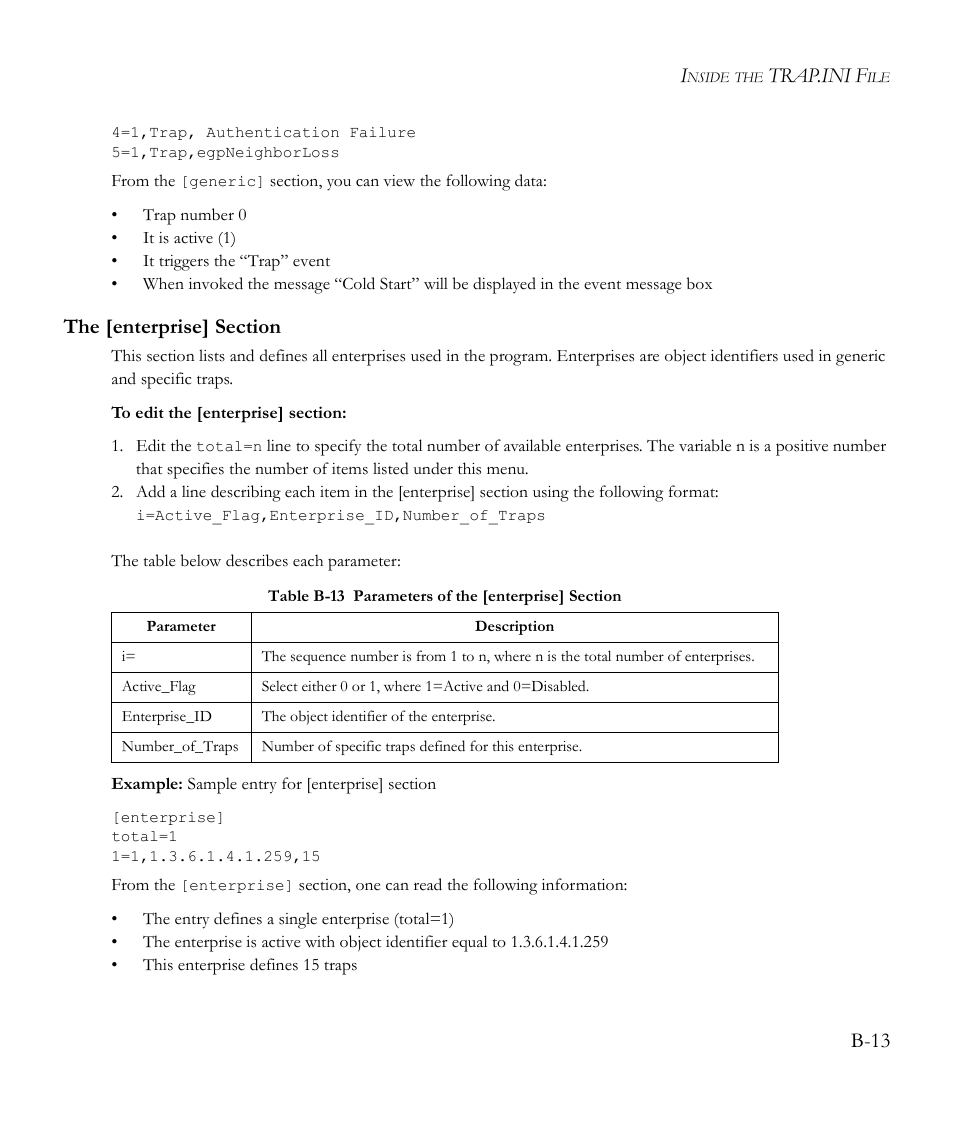 The [enterprise] section, Trap.ini f, B-13 | SMC Networks EliteView 6.20 User Manual | Page 169 / 232