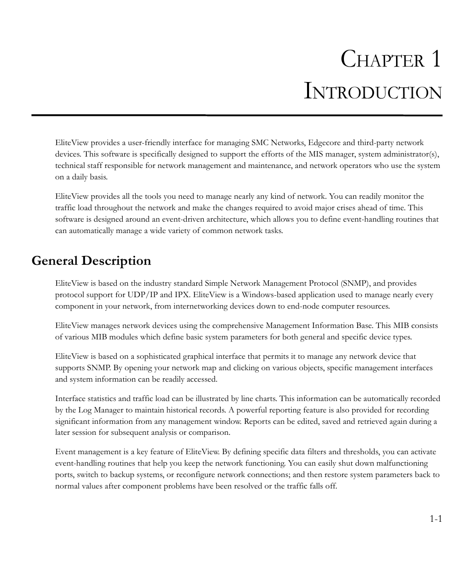 Chapter 1 introduction, General description, Introduction -1 | General description -1, Hapter, Ntroduction | SMC Networks EliteView 6.20 User Manual | Page 17 / 232