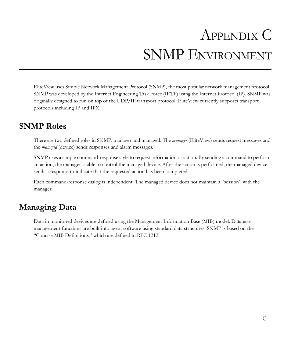 Appendix c snmp environment, Snmp roles, Managing data | Csnmp e, Ppendix, Nvironment | SMC Networks EliteView 6.20 User Manual | Page 173 / 232