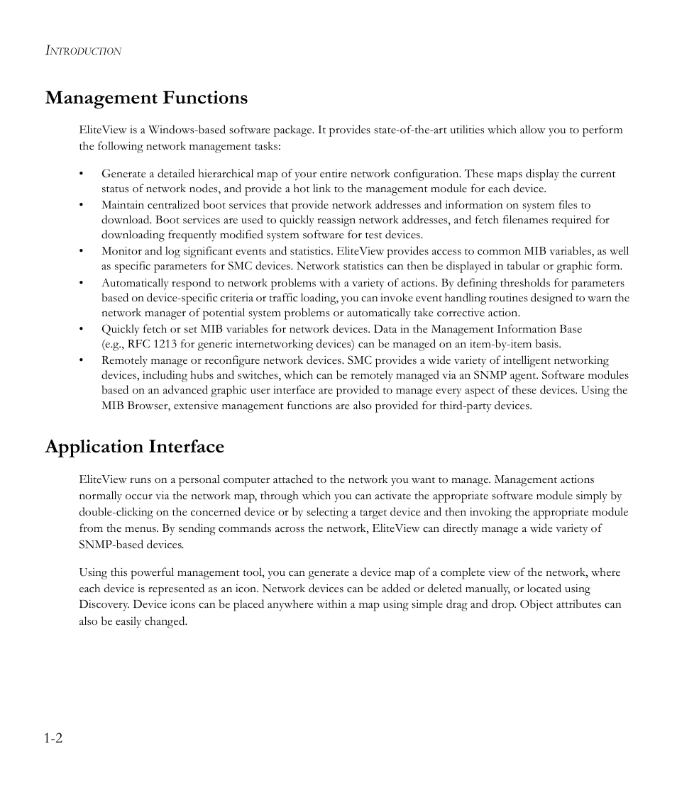 Management functions, Application interface, Management functions -2 application interface -2 | SMC Networks EliteView 6.20 User Manual | Page 18 / 232