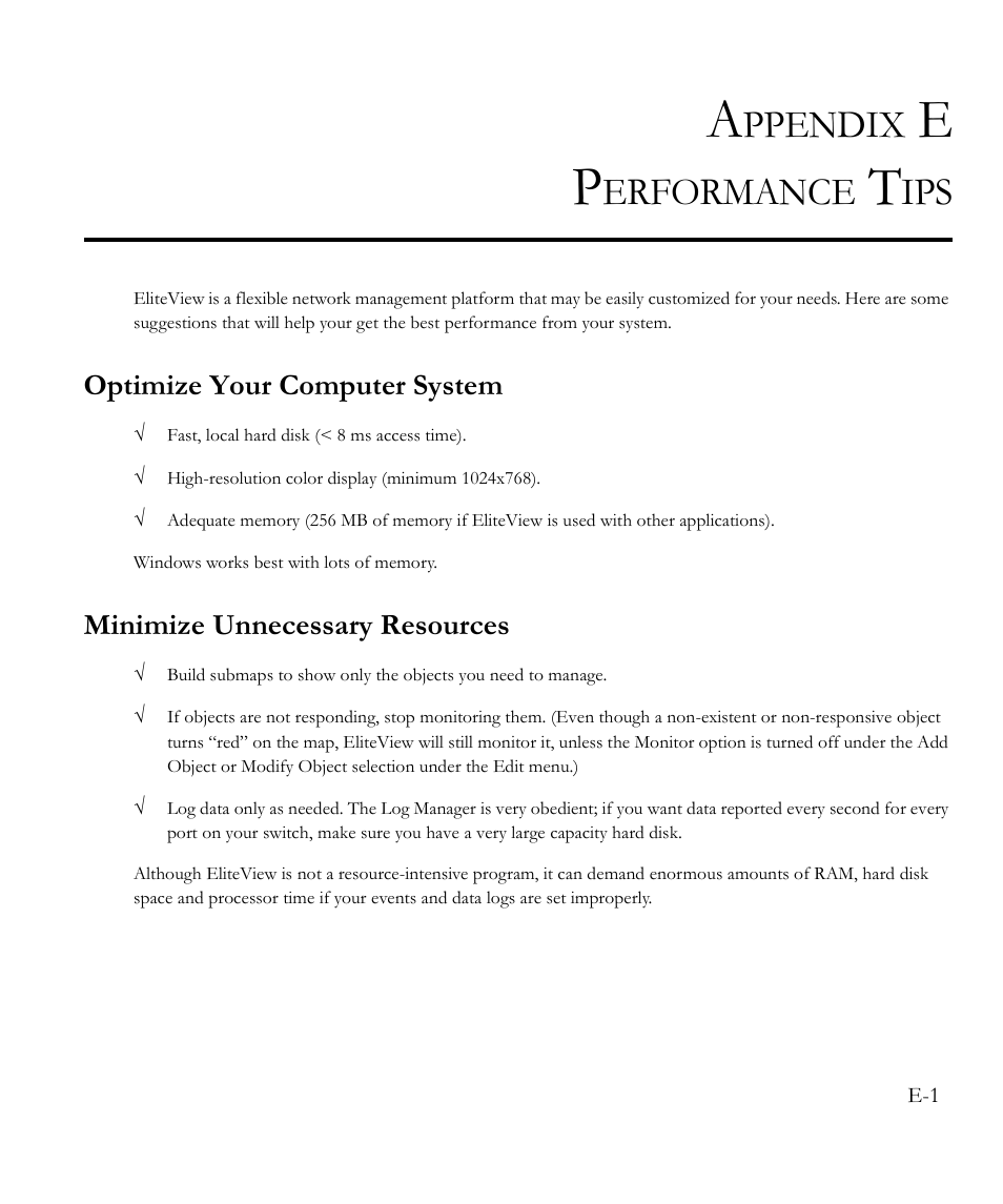 Appendix e performance tips, Optimize your computer system, Minimize unnecessary resources | Ppendix, Erformance | SMC Networks EliteView 6.20 User Manual | Page 181 / 232