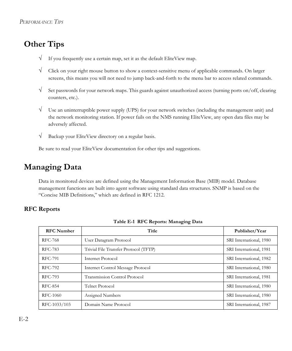 Other tips, Managing data, Rfc reports | SMC Networks EliteView 6.20 User Manual | Page 182 / 232