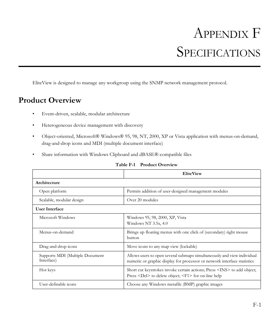 Appendix f specifications, Product overview, Table f-1 | Ppendix, Pecifications | SMC Networks EliteView 6.20 User Manual | Page 185 / 232