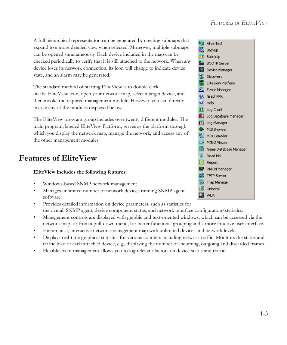 Features of eliteview, Features of eliteview -3 | SMC Networks EliteView 6.20 User Manual | Page 19 / 232