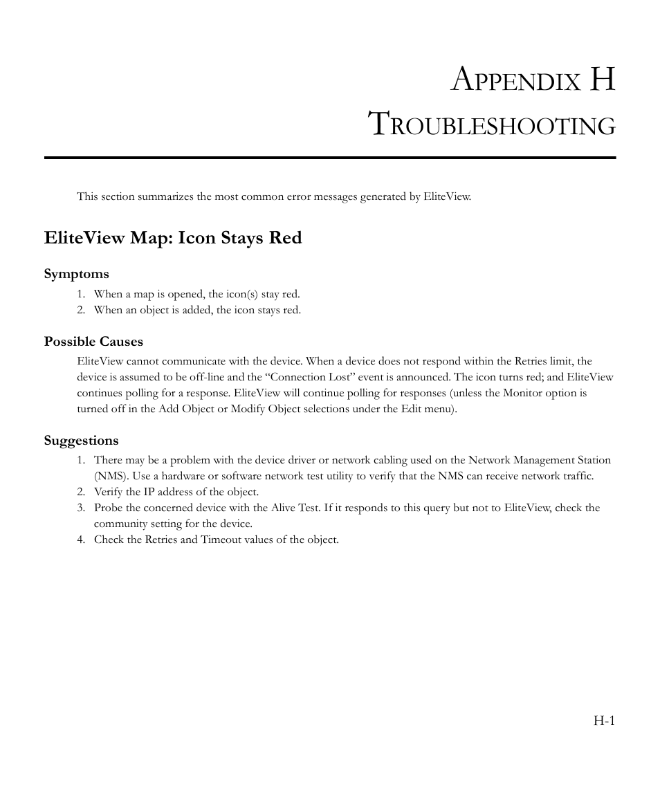 Appendix h troubleshooting, Ppendix, Roubleshooting | SMC Networks EliteView 6.20 User Manual | Page 191 / 232